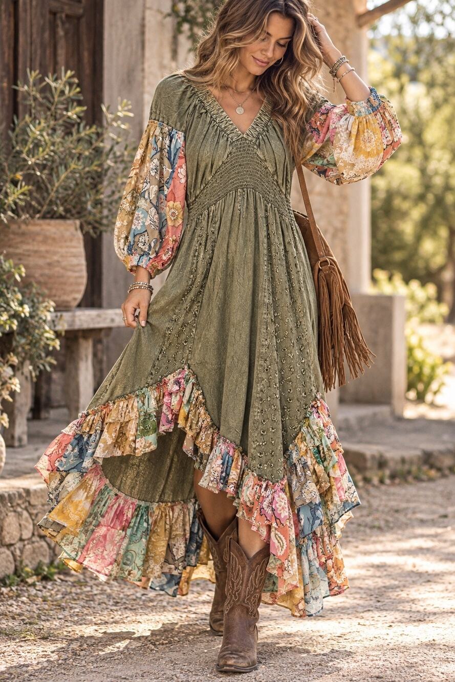 Young Threads Boho Western Patchwork Floral Embroidered Dress L Asymmetrical